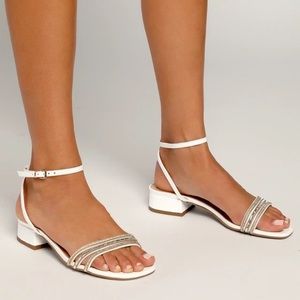 Lulu’s Luzia White Leather Rhinestone Ankle Strap Sandals